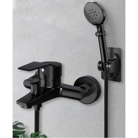 Robinet Baignoire Noir avec Douchette à Main 5 Jets, Mitigeur Douche avec Support et Flexible 1,5m, Robinet Bain Douche Mural en Laiton pour Salle de Bain (1/3)