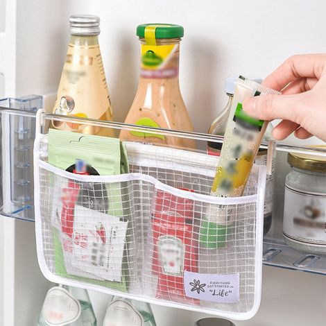 sacs de rangement filet pour frigo – Pochettes suspendues double compartiment lavables petits objets porte latérale réfrigérateur (1/5)