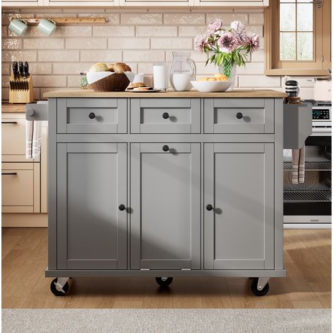 Isla de cocina móvil con ruedas, tablero extraíble y abatible, hueco para cubo y cajones, gris (1/5)