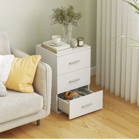 MODFU – Mesita de noche blanca de MDF melamínico con 3 cajones de deslizamiento suave, tiradores plateados, carga 20 kg y antivuelco – Blanco (1/5)