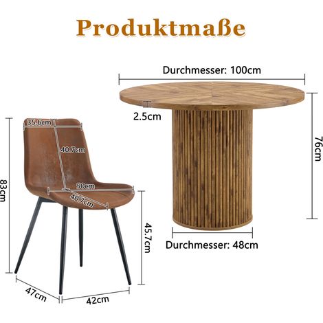 Conjunto de comedor HOMVRA con mesa redonda de MDF de 100 cm y 4 sillas de tejido marrón (1/5)