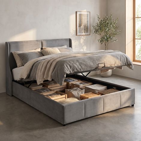 Letto contenitore 140x190 cm, letto matrimoniale capitonné con vano contenitore, con rete a doghe sollevabile, rivestimento in velluto, stile moderno, grigio