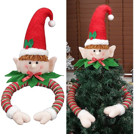 Weihnachtsdekorationen: alter Mann, Schneemann, Elfenpuppe, alter Mann des Waldes, Stern an der Spitze des Baumes, festliche Dekorationen (Elfe, der einen Baum umarmt). (1/2)