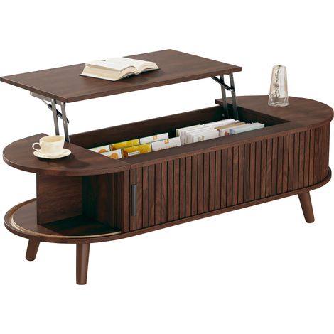 CHICFURN Mesa de centro elevable 120x50 cm MDF nogal con almacenaje oculto y 5 nichos (1/5)