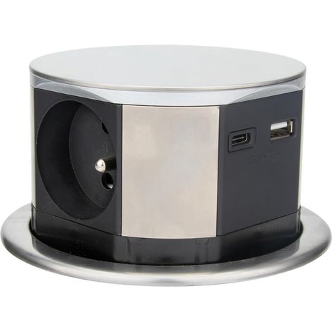 Bloc Multiprise Encastrable 3 Prises 16A 2P+T et 2 USB, Alu, Ø100mm, Câble H05VV-F 3G1,5mm² 1.5m, Puissance Max 3680W, IP20, Installation Facile, Cuisine/Bureau, Dimensions Fermé Ø10.3x11.5cm (1/2)