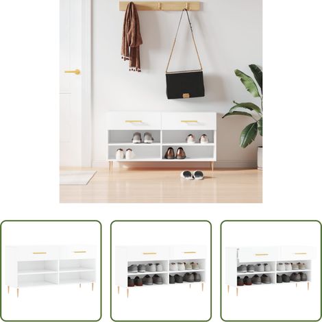 vidaXL Bois d'ingénierie - Banc à chaussures blanc brillant 102x35x55 cm bois d'ingénierie (1/5)