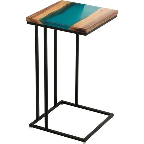 Table d'Appoint Carrée en Bois "Douglas" 55cm Naturel & Bleu (1/5)