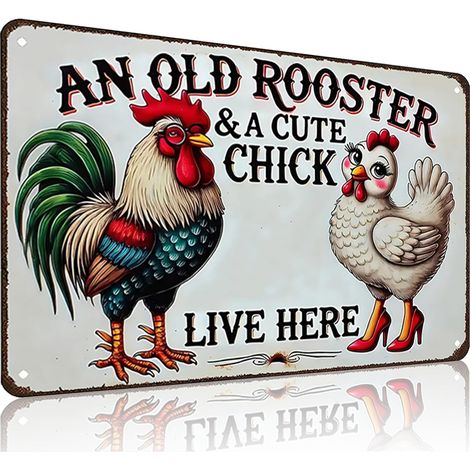 Cadeaux drôles pour les amateurs de poulets et les passionnés de ferme, Plaque en étain de poulet "Un vieux coq et un mignon poussin vivent ici", pour le poulailler, la ferme, la cuisine, le jardin (1/5)