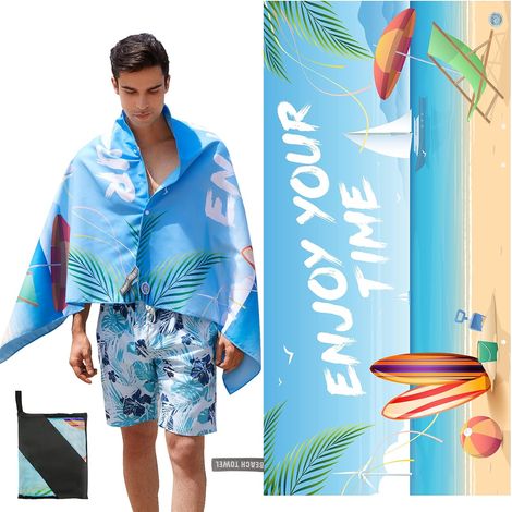 Serviette de Plage avec Étiquettes UV, Tapis de Plage, Matériau en Microfibre, sans Sable,Séchage Rapide, Conception en Corde Élastique, 150×75cm,bleu (1/5)