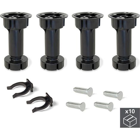 Emuca Lotto di 10 kit di piedini regolabili per mobile Bone, con base preassemblata, altezza 120 mm, regolabile 118-135 mm, Tecnoplastica, Nera