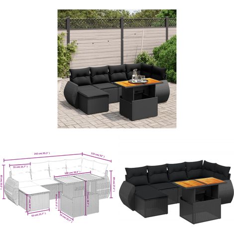 Salon de jardin 7 pcs avec coussins noir résine tressée - Ensemble Salon De Jardin - Meuble Extérieur - Résine Tressée - Rotin Synthétique - Table Extensible - Home & Living (1/3)