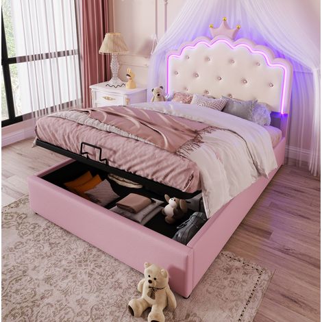Cama infantil tapizada con almacenamiento LED rosa PU OKMYHOME (1/5)