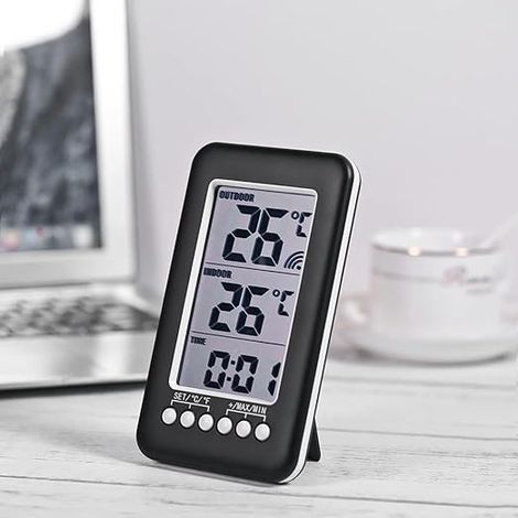 2-in-1 Funk-Thermometer mit Uhr für drinnen und draußen, LCD-Display, digitale Temperaturanzeige (℃/℉) mit Sender (1/3)