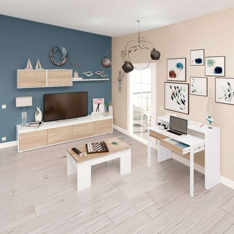 Pack Muebles Salón Completo Color Roble Y Blanco Estilo Nórdico (mueble Salón + Mesa Centro + Escritorio)