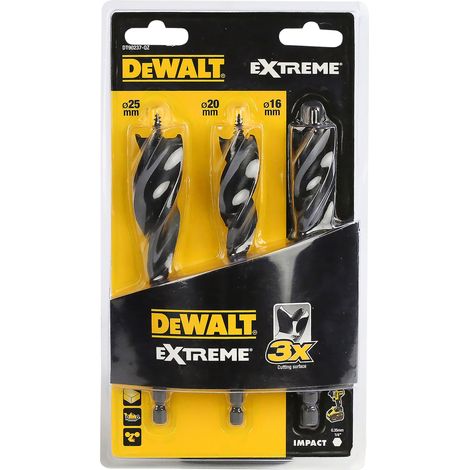 Dewalt – Lot de 3 mèches à bois 16/20/25mm – Longueur 152mm – Emmanchement 1/4" pour perceuse – Coupe rapide et précise