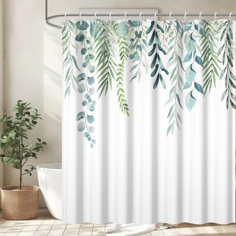 1 Rideau Douche, 180x180cm, Motif Feuilles Eucalyptus, Polyester Imperméable, 12 Crochets, Salle de Bain (1/5)