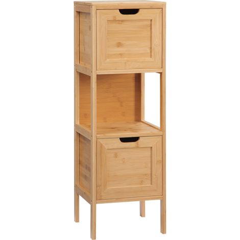 Armoire de salle de bain en bambou avec 2 tiroirs, meuble bas compact avec dispositif anti-basculement (1/5)