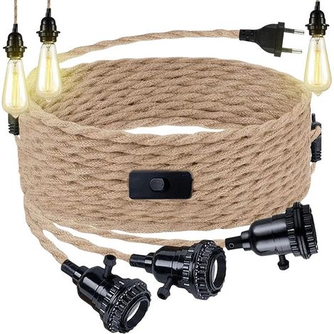 Hanfseil-Pendelleuchten-Set mit drei Glühbirnen – Fassung mit Stecker und Schalter – Vintage-E27-Kabel – 3 Glühbirnen inklusive – DIY-Retro-Pendelleuchte für Esszimmer und Wohnzimmer (1/5)
