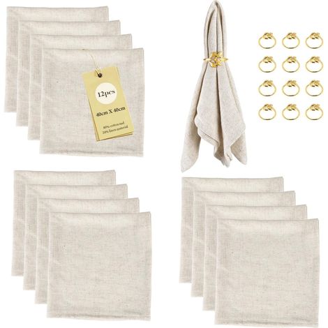 Set Serviettes en Lin Beige 12 pcs avec Anneaux Dorés