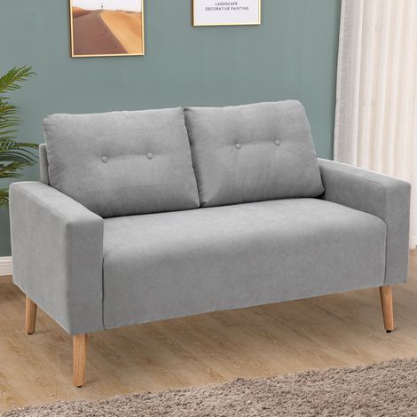 Sofá de 2 Plazas con 2 Cojines Reposabrazos y Patas de Madera de Caucho para Dormitorio Oficina 145x76x88 cm Gris (1/5)