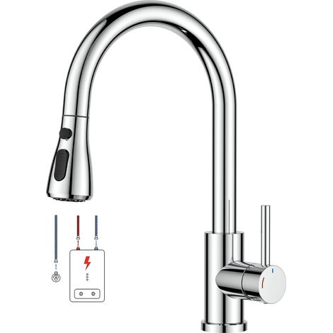 Robinet Cuisine Douchette Extractible, Rotation À 360°, Robinetterie à basse pression, Mitigeur de Cuisine adapté à un Chauffe-eau Ouvert et Appareils Sous Évier, Chrome Poli (1/5)