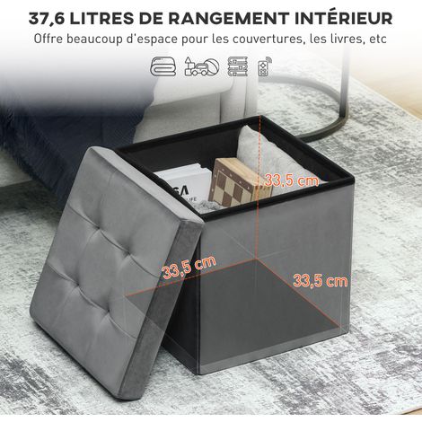 Pouf coffre rangement pliable tabouret carré 37,6L velours 120 kg 38x38x38 cm gris