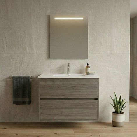 Mobile bagno sospeso 70x45 cm colore rovere scuro con 2 cassetti e lavabo incluso – Soria