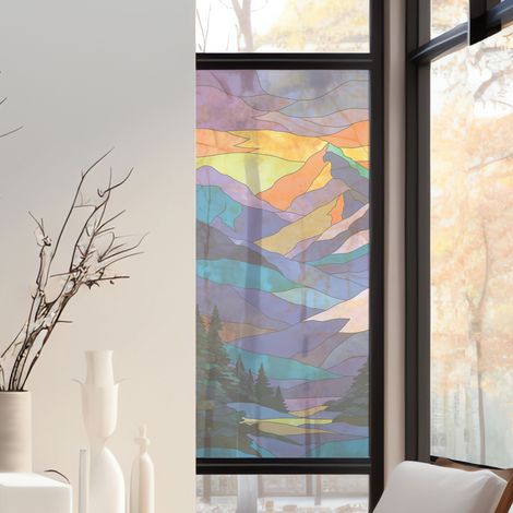 Stickers décoratifs électrostatique, coucher de soleil, montagnes, effet vitrail, 150 cm X 67,5 cm (1/2)