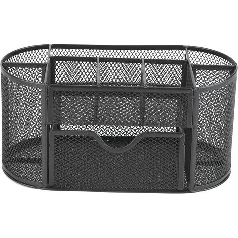 Organisateur de Bureau Multifonctionnel en Métal pour Fournitures de Scolaire, Pot à Stylos Ovale en Filet Noir (1/5)