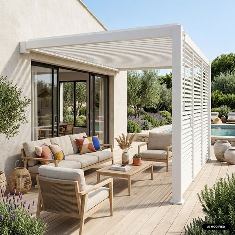 sweeek - Pergola bioclimatique aluminium adossée 4x3m + 3 persiennes 130cm blanc Triomphe (1/5)