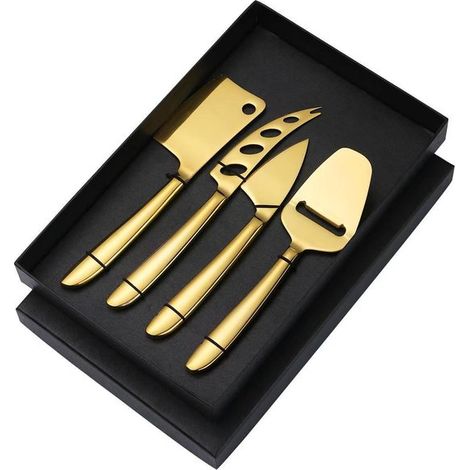 Vierteiliges Käsemesser-Set aus Edelstahl – Multifunktionales Pizzamesser – Brotbackmesser – Buttermesser – Geschenk – Gold (1/2)