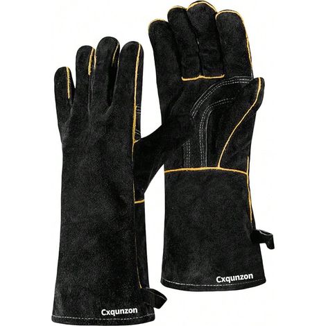 Gants de soudage MIG en cuir, résistants à la chaleur et au feu, pour soudage, grillades, BBQ et cheminée, noirs (1/4)