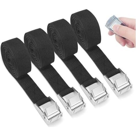 4 pièces 3M Sangles d'Arrimage, Sangle à Cliquet avec Boucle de Serrage, Sangle de Serrage Charge, Sangles de Réglable Tension, Sangle Arrimage Conviennent pour Bagages, Voiture(Noir) (1/5)