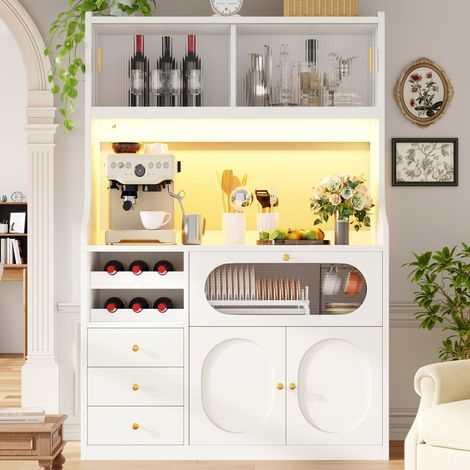 Hochküchenschrank 120cm mit App-gesteuerter RGB-LED, Glasschiebetüren, Weinregal & Klapptüren nach oben, 3 Schubladen, Weiß/Schwarz (1/5)