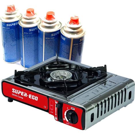 Cocina portátil de gas butano para camping SUPER-EGO (Incluye 4 botellas de gas)