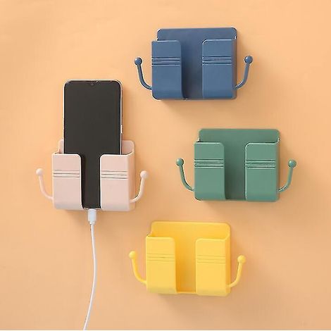 Lot de 2 supports muraux pour téléphone portable avec chargeur et étagère, fixations auto-adhésives vertes (1/5)