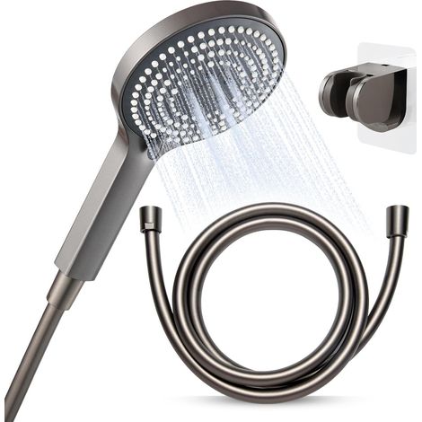 Pommeau de Douche avec Tuyau de 1,6 m et Support, Pomme de Douche avec 6 Modes, Flexible de Douche avec Pommeau, Shower Head Economie Deau, Douchette Douche Salle de Bain, Chrome Noir
