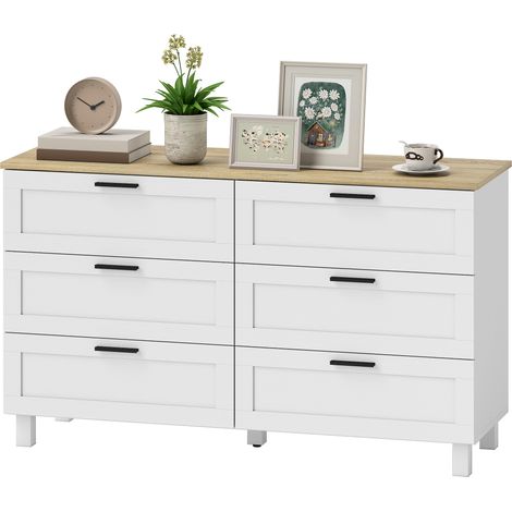 Commode 6 tiroirs meuble rangement pieds pin style moderne 120x38x71 cm bois naturel blanc