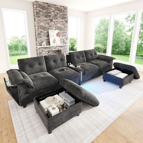 Canapé d’angle modulable 6 places 312 x 142 x 82 cm avec 2 poufs de rangement, console centrale, USB-C, LED et rangements, chenille, Gris (1/5)