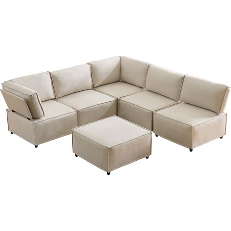Divano modulare angolare beige in lino e legno, 6 moduli, 308 x 152 x 77 cm, HOMVRA (1/5)