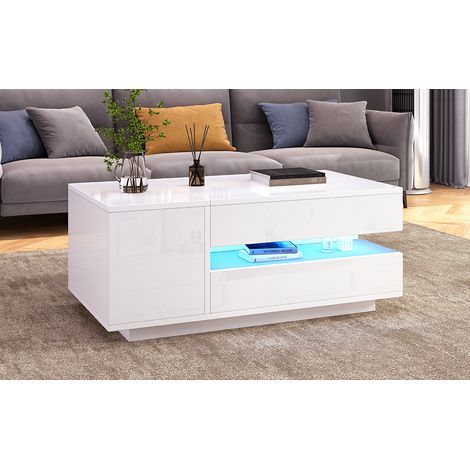 Table basse 95x50x34,5 cm, table de salon avec tiroir et placard, table d'appoint blanche, meuble TV avec LED, finition laquée brillante, rangement caché et étagère semi-ouverte, table à café pour can (1/5)