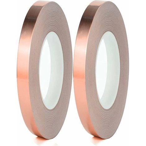 Ruban cuivre adhésif conducteur, 2 rouleaux feuille cuivre auto-adhésive pour vitrail, ruban double face électrique pour artisanat verre, bande cuivre collante 6mm (1/5)