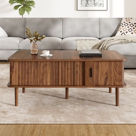 Table basse moderne rétro en MDF effet noyer avec plateau relevable et rangement (1/5)