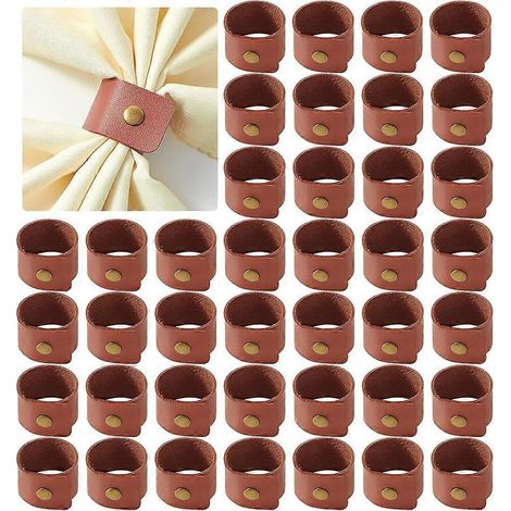 Lot de 40 ronds de serviette en similicuir marron, style champêtre vintage, pour la décoration de table lors de mariages, anniversaires et banquets. (1/5)
