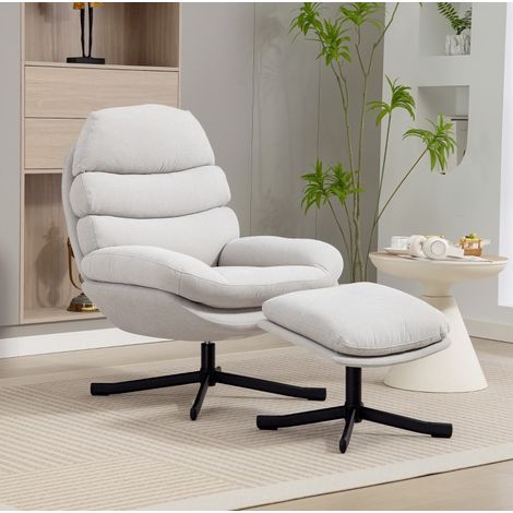 Drehbarer Sessel mit Fußhocker, Chenille, 78 x 93 x 100 cm, cremeweiß HAVRYA (1/4)