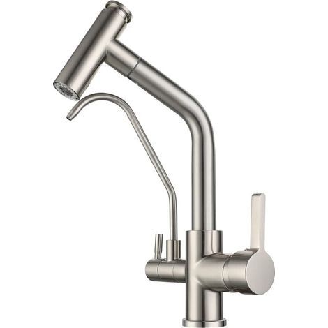 Robinet 3 Voies Cuisine Douchette Mitigeur Évier Avec 2 Becs Mitigeur Cuisine Pivotant 360 °,laiton Pour Évier De Cuisine à Eau Potable Compatible En Forme (Nickel Brossé) (1/4)
