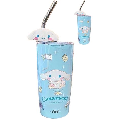 Gobelet isotherme avec couvercle et paille en acier inoxydable, motif anime mignon, idéal pour le bureau, les voyages et la maison (bleu). (1/5)