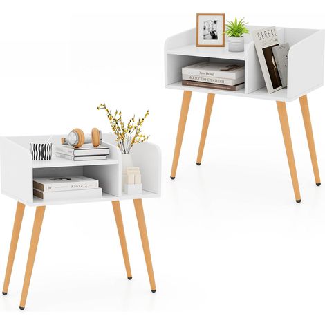 COSTWAY Table de Chevet, Table de Nuit 2 Niveaux avec Etagères Ouvertes, Pieds en Métal, Chevet de Lit pour Salon, Chambre (2,Blanc) (1/5)