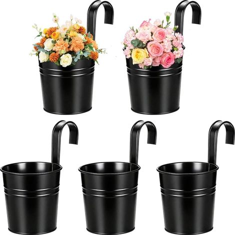 Macetas colgantes de metal, paquete de 5 macetas colgantes con gancho extraíble, jardineras para balcón, macetas colgantes para plantas de interior/exterior para jardín, balcón, terraza, valla. (1/5)