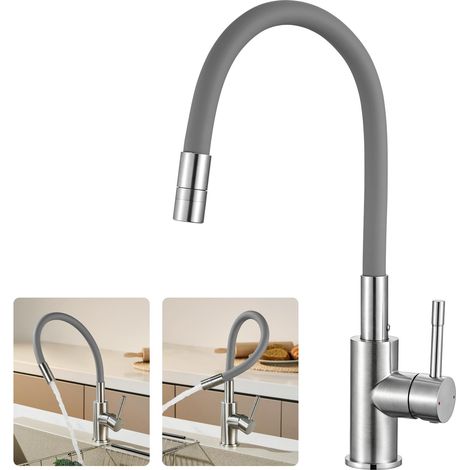 Flexibler grauer Küchenhahn, 360° drehbarer Küchensprühmischer aus Edelstahl 304 mit 2 Schaumsprühmischer, 40 % Wassereinsparung für Küche/Waschküche